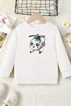 Unisex Beyaz Cocuk Bisiklet Yaka Sweatshirt –Helikopter,Baskılı Şardonlu Kalın Kumaş