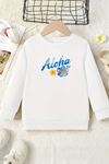 Unisex Beyaz Cocuk Bisiklet Yaka Sweatshirt –Aloha,Baskılı Şardonlu Kalın Kumaş