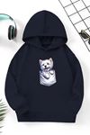 Unisex Lacivert Cocuk Kapüşonlu Sweatshirt –Cep Köpek ,Baskılı Şardonlu Kalın Kumaş