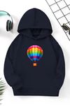 Unisex Lacivert Cocuk Kapüşonlu Sweatshirt –Uçan Balon,Baskılı Şardonlu Kalın Kumaş