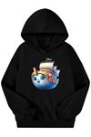 Unisex Siyah Cocuk Kapüşonlu Sweatshirt –Gemi Baskılı, Şardonlu Kalın Kumaş