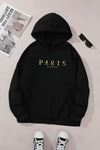 Unisex Siyah Kapüşonlu Sweatshirt – Paris Romantic Baskılı, Şardonlu Kalın Kumaş