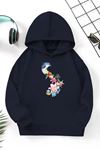 Unisex Lacivert Cocuk Kapüşonlu Sweatshirt –Dolphin Dreams,Baskılı Şardonlu Kalın Kumaş