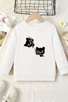 Unisex Beyaz Cocuk Bisiklet Yaka Sweatshirt –İkili Siyah Kedicikler, Şardonlu Kalın Kumaş