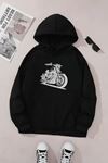 Unisex Siyah Kapüşonlu Sweatshirt – Motor Baskılı, Şardonlu Kalın Kumaş