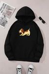 Unisex Siyah Kapüşonlu Sweatshirt – Sevimli Köpek Baskılı, Şardonlu Kalın Kumaş