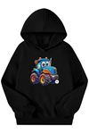 Unisex Siyah Cocuk Kapüşonlu Sweatshirt –Traktörk Baskılı, Şardonlu Kalın Kumaş