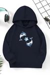 Unisex Lacivert Cocuk Kapüşonlu Sweatshirt –İkili Yunus,Baskılı Şardonlu Kalın Kumaş