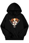 Unisex Siyah Cocuk Kapüşonlu Sweatshirt –Fermuar Köpek Baskılı , Şardonlu Kalın Kumaş