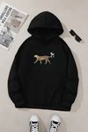 Unisex Siyah Kapüşonlu Sweatshirt – Leopar Kurdela Kuyruk Baskılı, Şardonlu Kalın Kumaş
