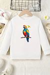 Unisex Beyaz Cocuk Bisiklet Yaka Sweatshirt –Papagan Baskılı, Şardonlu Kalın Kumaş