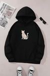 Unisex Siyah Kapüşonlu Sweatshirt – Kedi Baskılı Baskılı, Şardonlu Kalın Kumaş