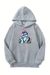 Unisex Gri Cocuk Kapüşonlu Sweatshirt –Penguenler Baskılı, Şardonlu Kalın Kumaş