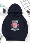 Unisex Lacivert Cocuk Kapüşonlu Sweatshirt –Shine Brıght,Baskılı Şardonlu Kalın Kumaş
