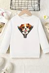 Unisex Beyaz Cocuk Bisiklet Yaka Sweatshirt –Zip Dog, Şardonlu Kalın Kumaş