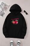 Unisex Siyah Kapüşonlu Sweatshirt – Strawberry Baskılı, Şardonlu Kalın Kumaş