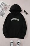 Unisex Siyah Kapüşonlu Sweatshirt – Brooklyn Baskılı, Şardonlu Kalın Kumaş