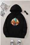 Unisex Siyah Kapüşonlu Sweatshirt – Aloha Baskılı, Şardonlu Kalın Kumaş