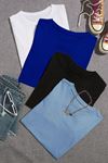 Düz Basic 4'lü Çoklu Kombin T-shirt - Beyaz Saks Mavi Siyah Bebe Mavi Oversize Bisiklet Yaka