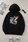 Unisex Siyah Kapüşonlu Sweatshirt – Kuş Baskılı, Şardonlu Kalın Kumaş