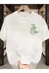 Beyaz Oversize Tişört – Cep Üstü Bambu Bitkisi Baskılı Unisex Model