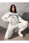 Hawaii Beach Eşofman Takımı Sweatshirt Jogger - Beyaz Baskılı Oversize Şardonlu Bisiklet Yaka