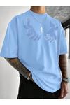 Erkek El Baskı Oversize Bebe Mavi Baskılı T-shirt - Bisiklet Yaka Kısa Kol Rahat Kalıp Tişört