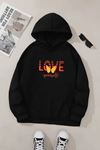 Unisex Siyah Kapüşonlu Sweatshirt – Love Yourself Baskılı, Şardonlu Kalın Kumaş