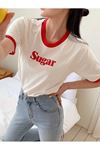 Sugar Parçalı Süprem T-Shirt -Kırmızı Beyaz Oversize Bisiklet Yaka Kısa Kol Tişört