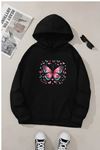 Unisex Siyah Kapüşonlu Sweatshirt – Kelebek Kalpler Baskılı, Şardonlu Kalın Kumaş
