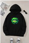 Unisex Siyah Kapüşonlu Sweatshirt – Limon Dudak Baskılı, Şardonlu Kalın Kumaş