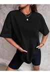 Düz Basic T-Shirt - Siyah Oversize Bisiklet Yaka Kısa Kol