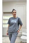 Usa T-shirt Eşofman Altı Jogger- Beyaz Baskılı Füme Eşofman Takım Oversize Bisiklet Yaka