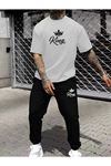 Erkek Siyah Eşofman&beyaz Tişört Takımı Kıng Baskılı Oversize Unisex