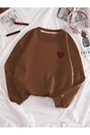Kırmızı Minimal Kalp Baskılı Sweatshirt - Kahverengi Kalın Kışlık Bisiklet Yaka