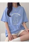 Lıttle Bunny Bakılı Süprem T-Shirt -Bebe Mavisi Oversize Bisiklet Yaka Kısa Kol Tişört