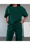 Basic T-shirt Eşofman Altı Jogger - Yeşil Düz Alt Üst Eşofman Takımı Oversize Bisiklet Yaka
