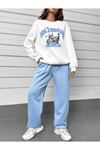 Los Angeles Motor Eşofman Takımı Beyaz Sweatshirt Bebe Mavi Jogger - Baskılı Oversize Bisiklet Yaka