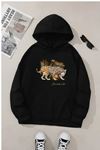 Unisex Siyah Kapüşonlu Sweatshirt – Leopar Yaprak Baskılı, Şardonlu Kalın Kumaş