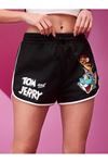 Siyah Yırtmaçlı Beyaz Biyeli Tom ve Jerry Baskılı Bermuda Şort