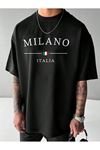 MILANO ITALIA Baskılı Süprem Siyah T-Shirt - Oversize Bisiklet Yaka Tişört