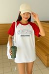 Sports Athleisure Beyaz Gövde Kırmızı Kol T-Shirt - Oversize Bisiklet Yaka Tişört