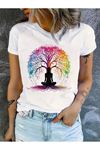 Yoga Ağacı Baskılı Beyaz Pamuklu T-Shirt - Oversize Bisiklet Yaka Kısa Kol Tişört