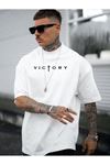 Victory Baskılı Süprem Beyaz T-Shirt - Oversize Bisiklet Yaka Tişört