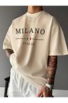 MILANO ITALIA Baskılı Süprem Bej T-Shirt - Oversize Bisiklet Yaka Tişört