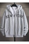 New York Fermuarlı Hırka Sweatshirt - Gri Baskılı Oversize Kışlık Kalın Kapüşonlu