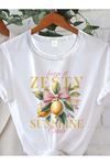 Zesty Sunshine Baskılı Beyaz Pamuklu T-Shirt - Oversize Bisiklet Tişört