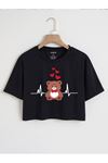 Bear Minimal Kalpler Baskılı Kadın Crop Siyah T-shirt