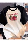 Çilek Baskılı Süprem Beyaz Siyah Reglan Kol T-Shirt - Oversize Bisiklet Yaka Tişört
