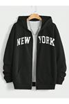New York Fermuarlı Hırka Sweatshirt - Siyah Baskılı Oversize Kışlık Kalın Kapüşonlu